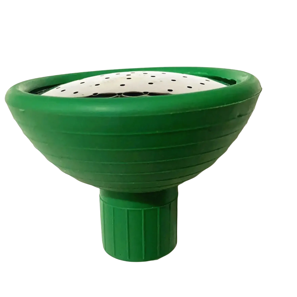 Replacement shower head for garden watering with green plastic body and white perforated water output insert