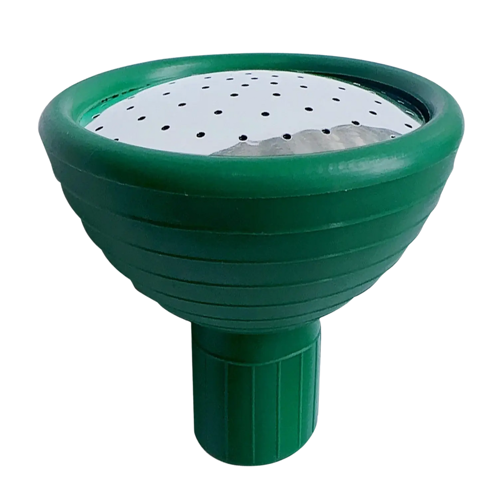 Replacement shower head in green plastic with white perforated top for controlled water output in garden watering