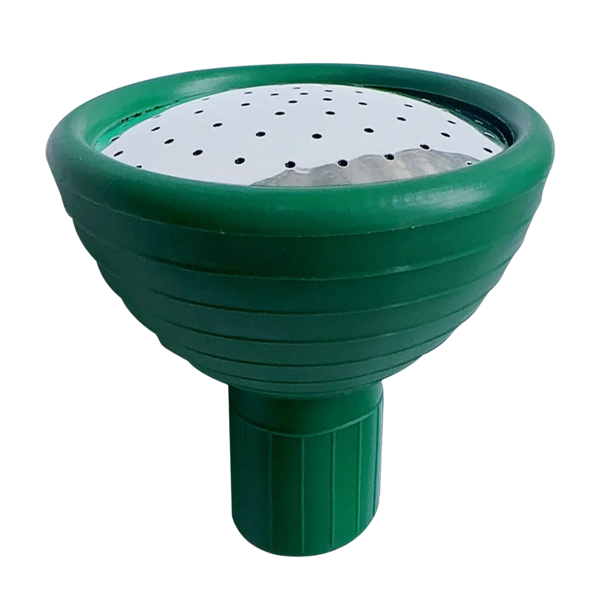 Replacement shower head in green plastic with white perforated top for controlled water output in garden watering