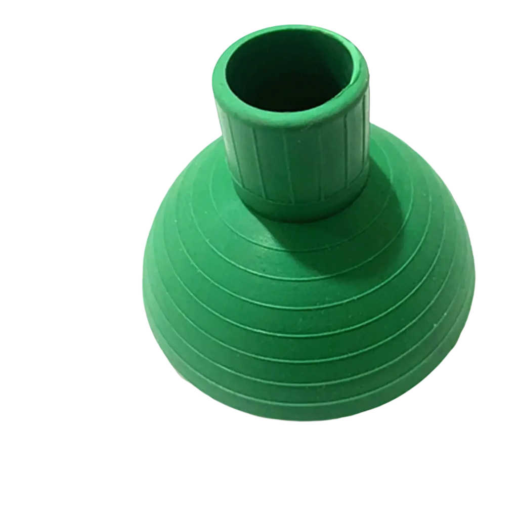 Green silicone replacement shower head with ribbed texture and cylindrical opening for controlled water output