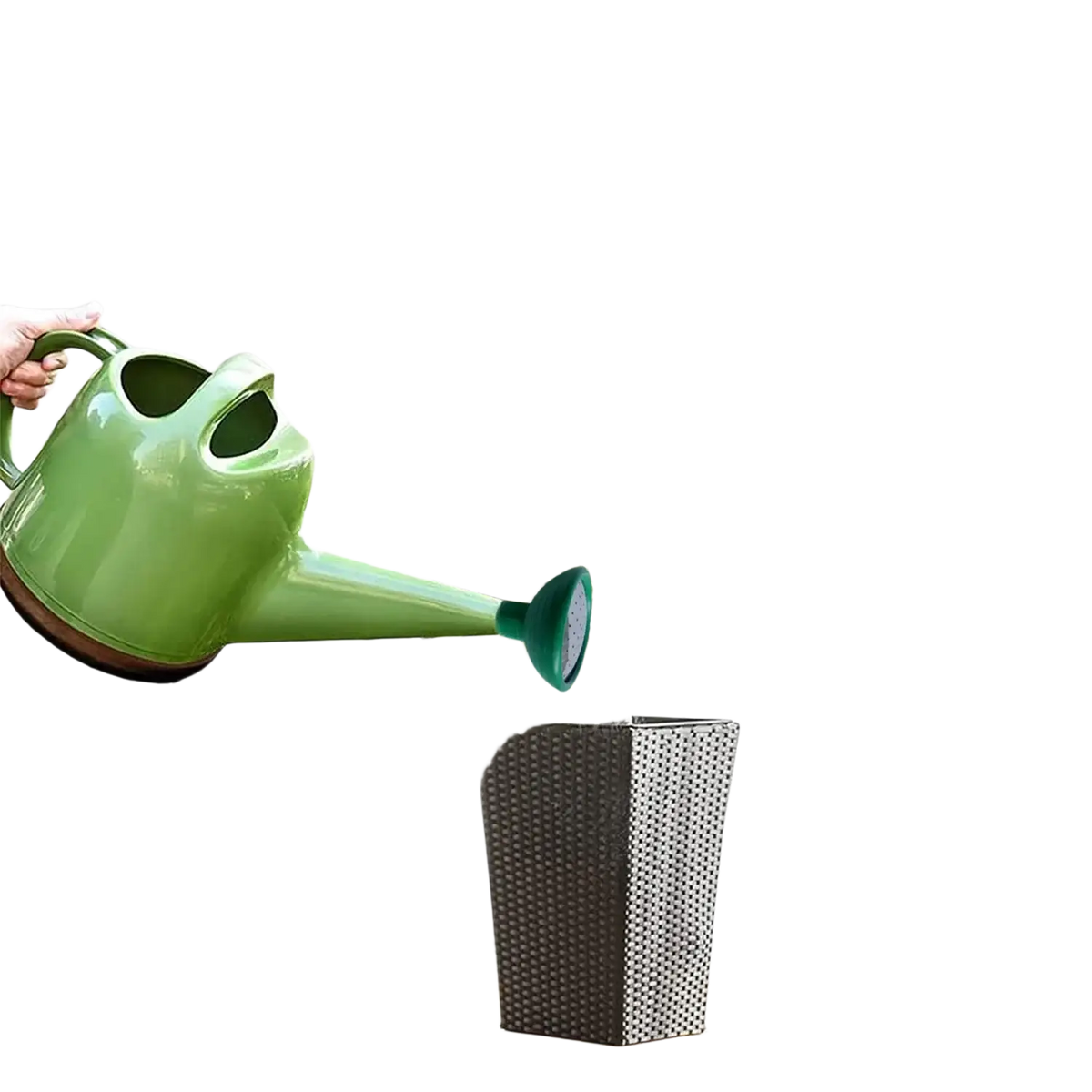 A vibrant green ceramic replacement shower head with brown rubberized base providing water output for garden watering