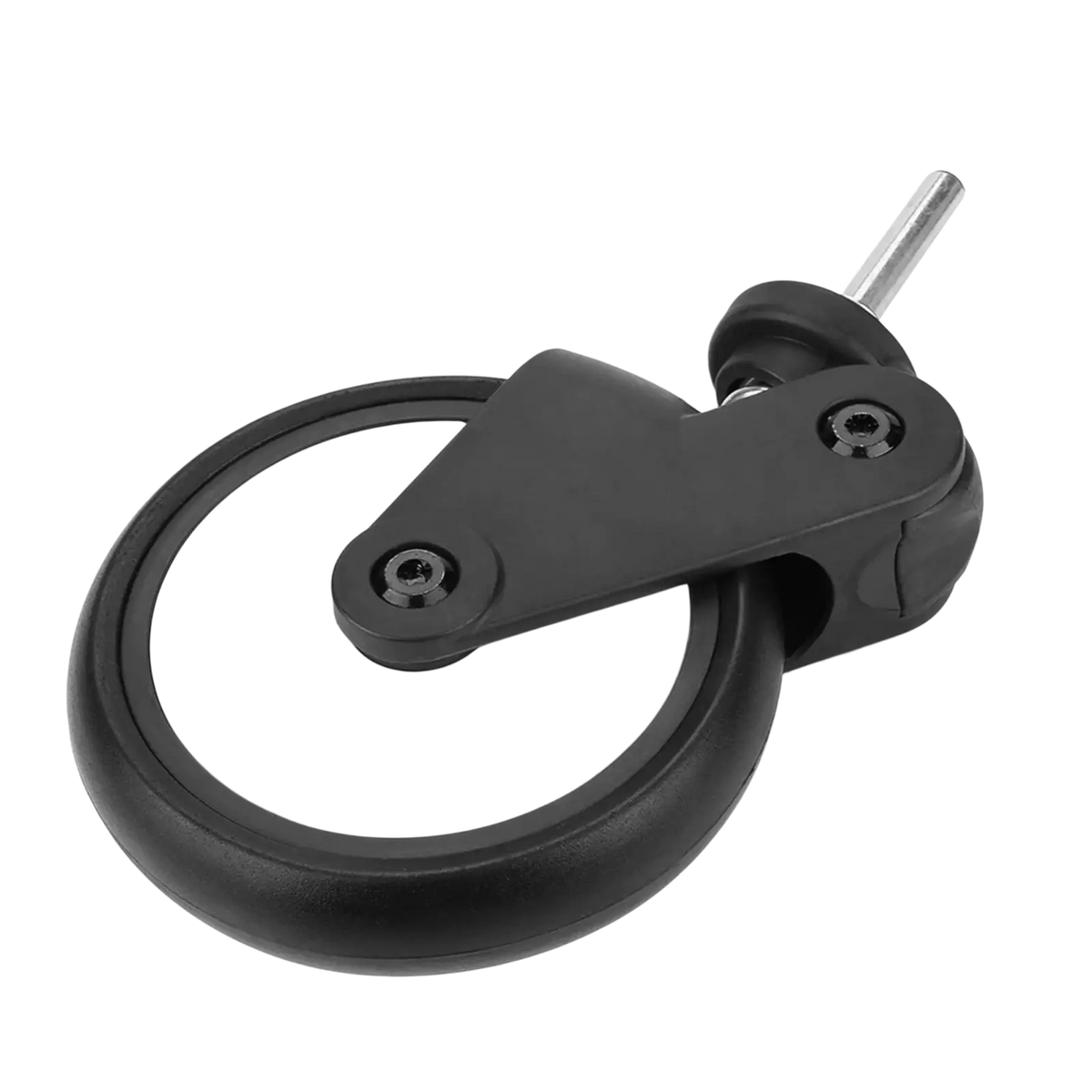Replacement stroller wheel for yoyo and vovo with black caster wheel white inner hub and metallic axle visible from back side