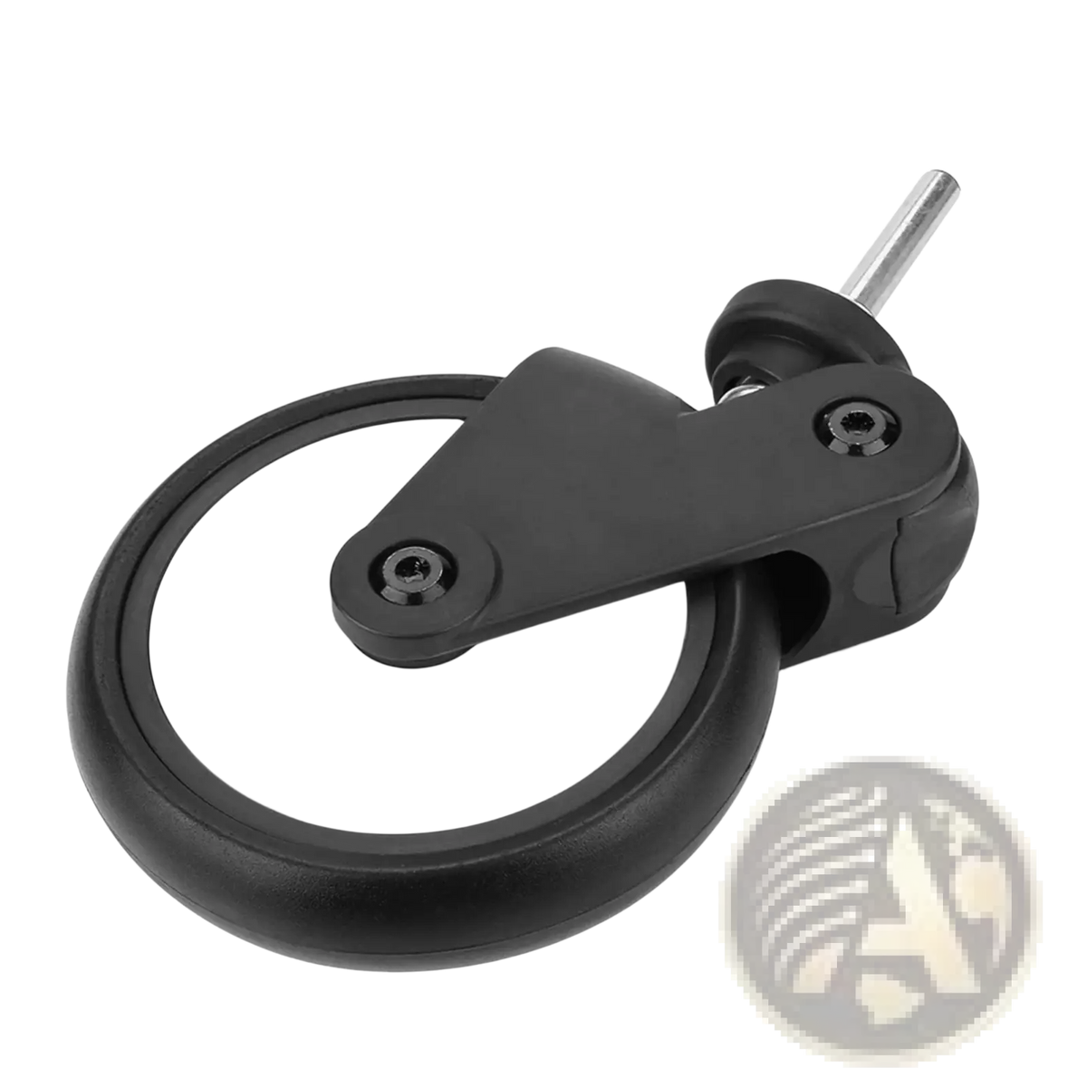 Replacement stroller wheel for yoyo and vovo with black caster wheel white inner hub and metallic axle visible from back side