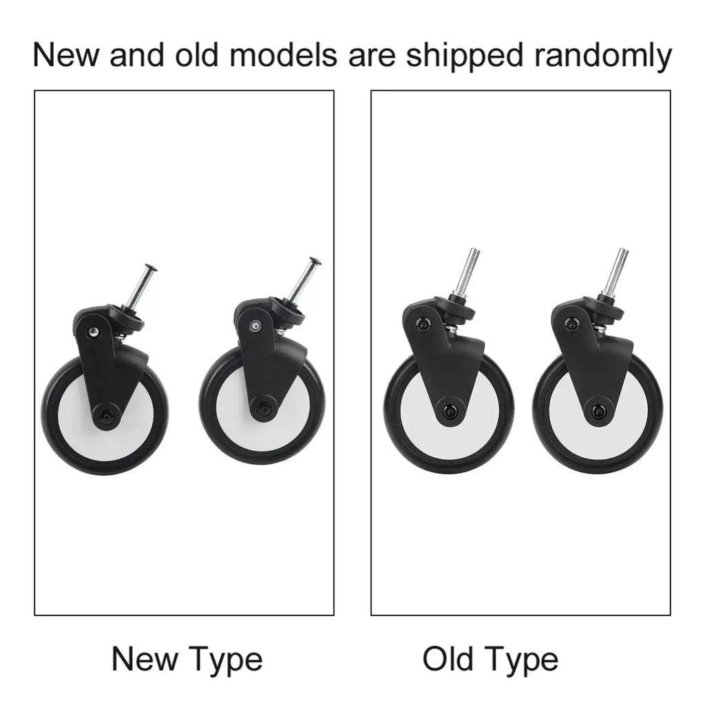 Replacement stroller wheels for yoyo and vovo black plastic caster wheels with white hubs and metal axles in two models