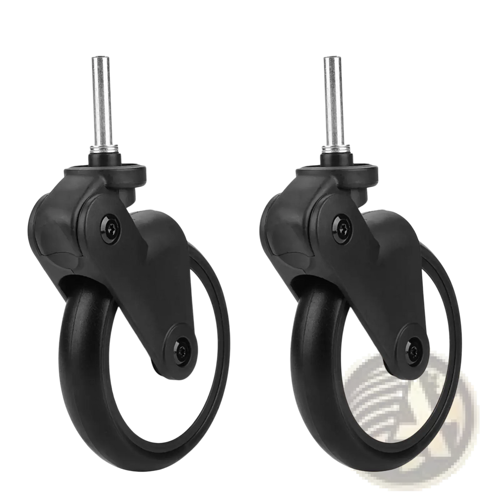 Replacement stroller wheels for yoyo and vovo with black plastic casters white hubs and metallic axles shown from backside
