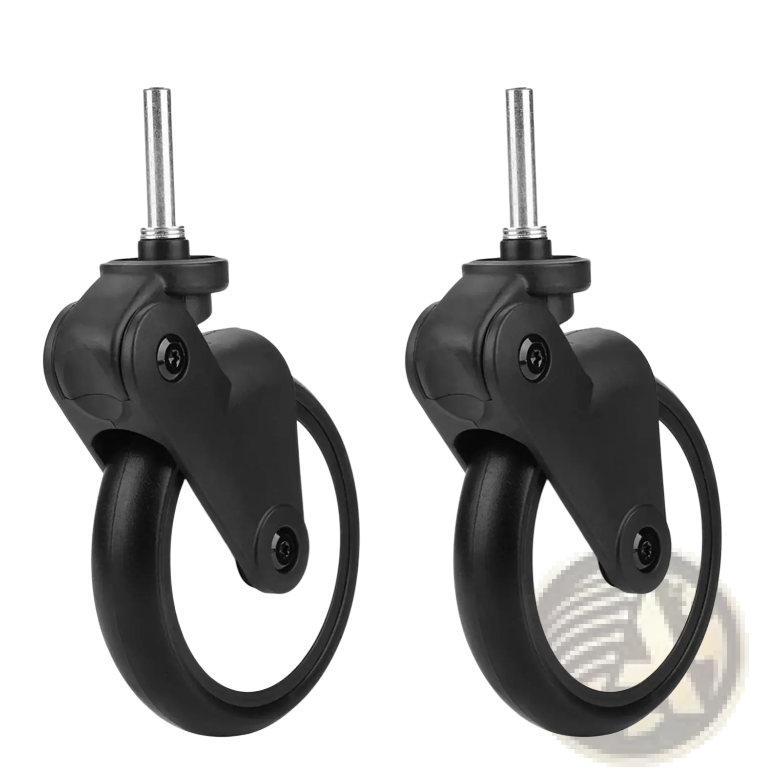 Replacement stroller wheels for yoyo and vovo with black plastic casters white hubs and metallic axles shown from backside