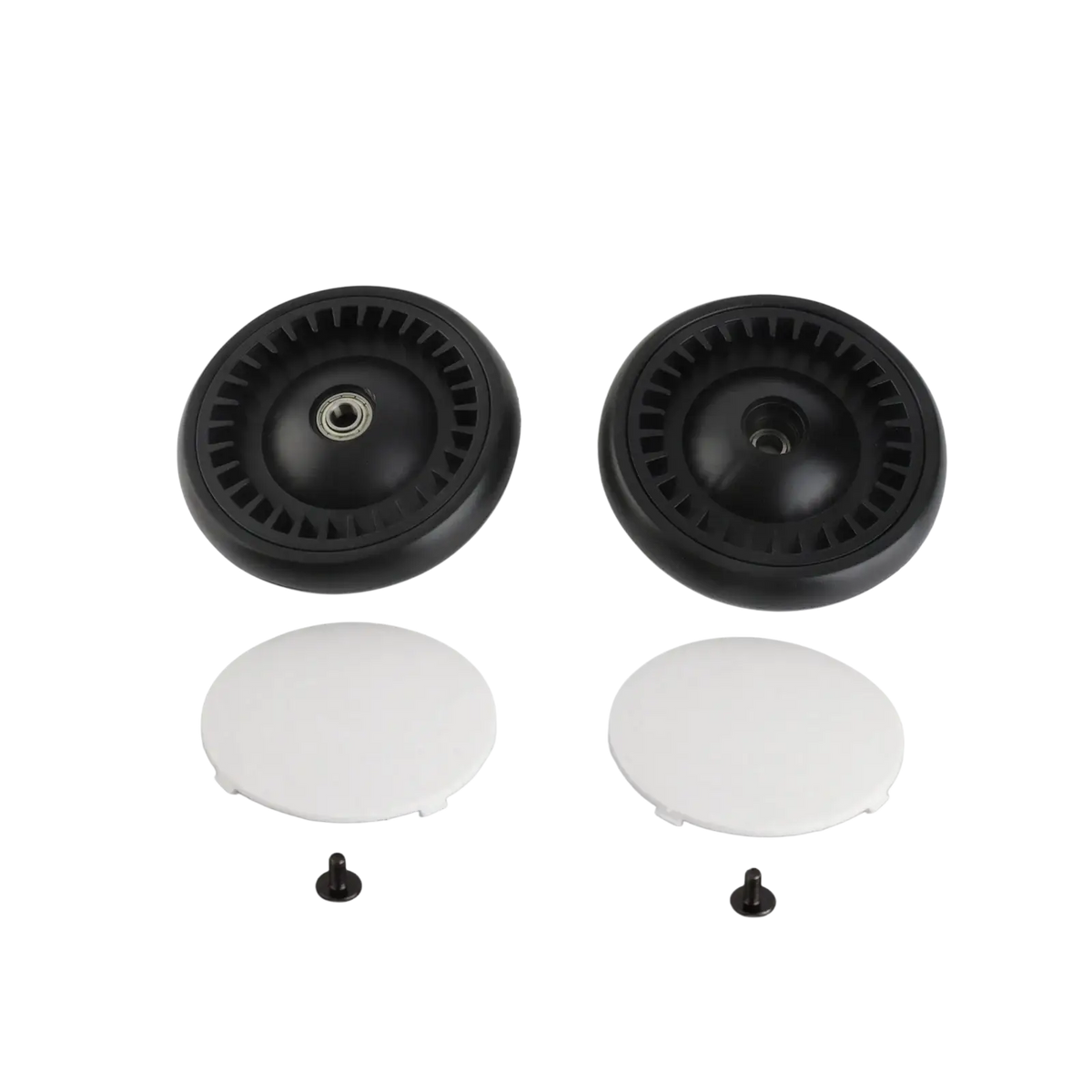 Replacement stroller wheels for yoyo and vovo featuring black rubber wheel assemblies with white plastic caps and black screws