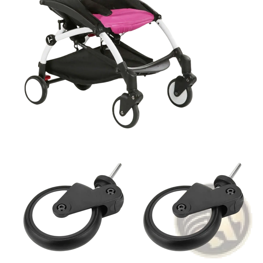 Replacement stroller wheels for yoyo and vovo with sleek black and white modern design shown from the back side