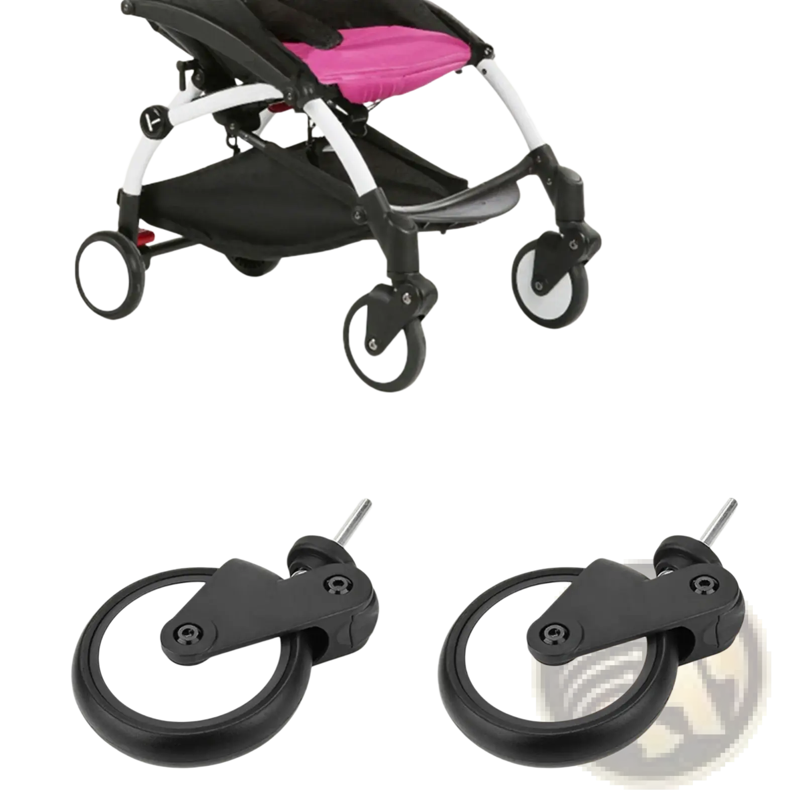 Replacement stroller wheels for yoyo and vovo with sleek black and white modern design shown from the back side