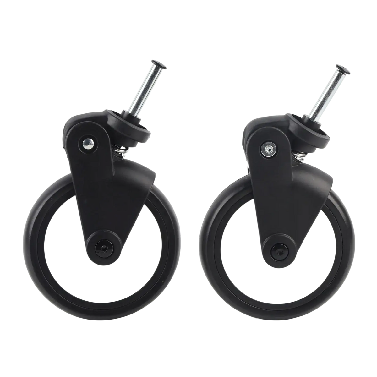 Replacement stroller wheels for yoyo and vovo black and white swivel caster wheels with sturdy metal axle shown from back side