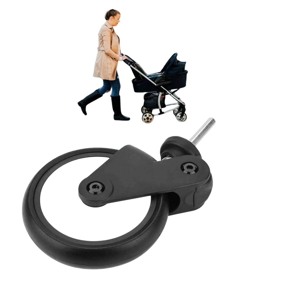 Replacement stroller wheels for Yoyo and Vovo featuring black and white swivel design with metal axle for mobility carts