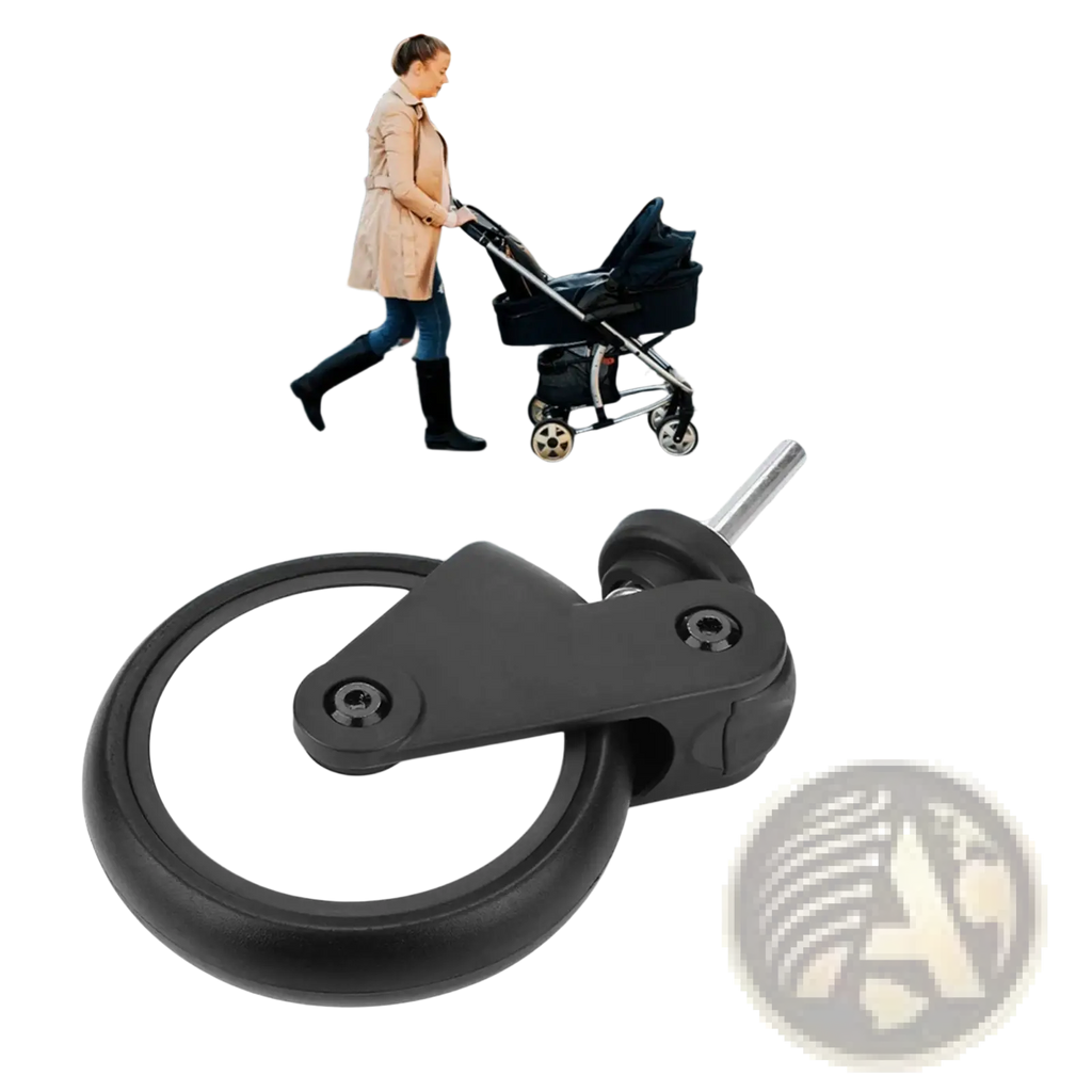 Replacement stroller wheels for Yoyo and Vovo featuring black and white swivel design with metal axle for mobility carts