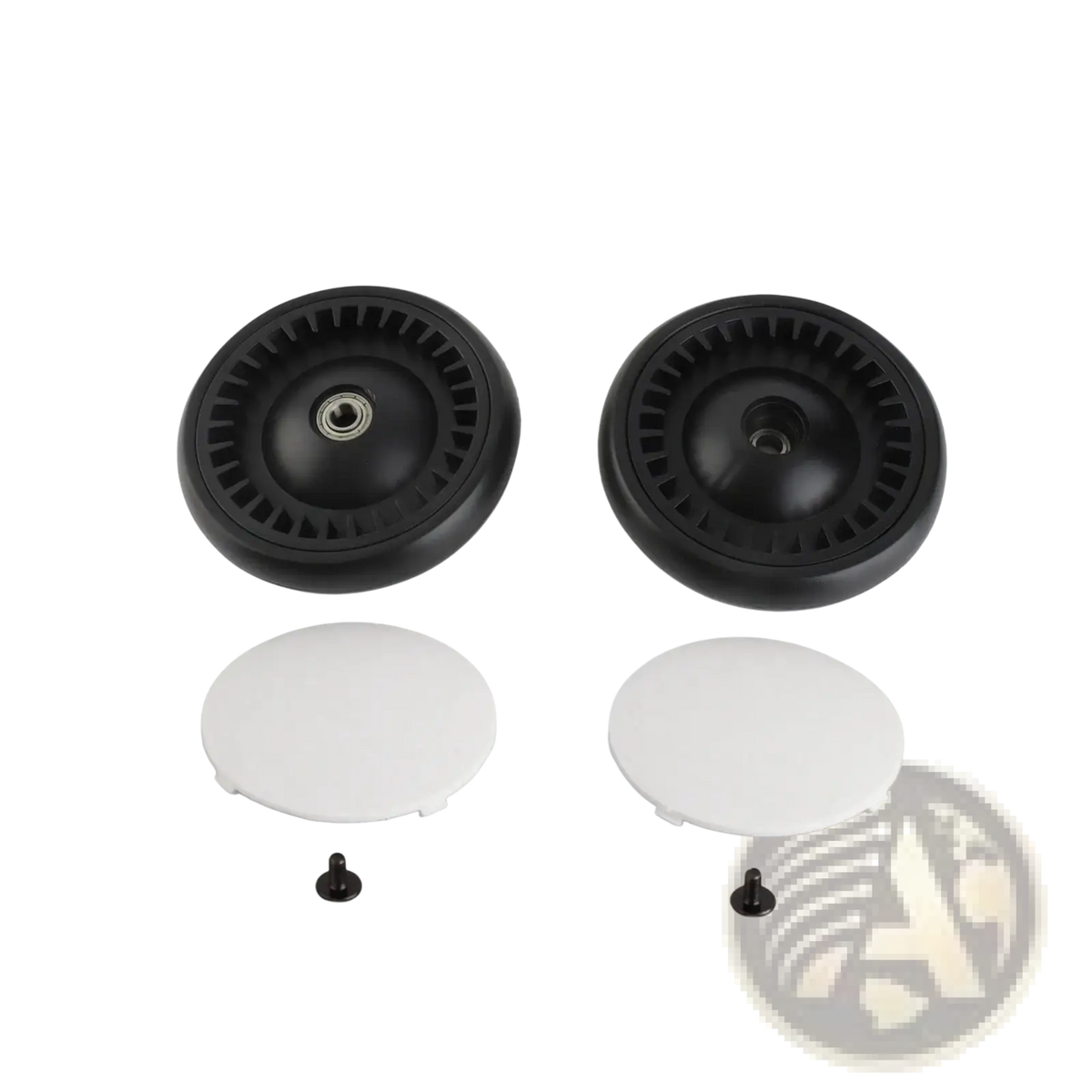 Replacement stroller wheels for yoyo and vovo featuring black rubber wheel assemblies with white plastic caps and black screws