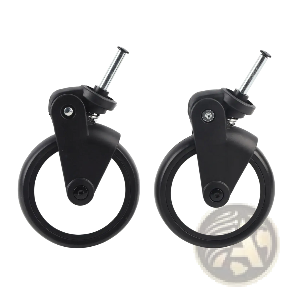 Replacement stroller wheels for yoyo and vovo black and white swivel caster wheels with sturdy metal axle shown from back side