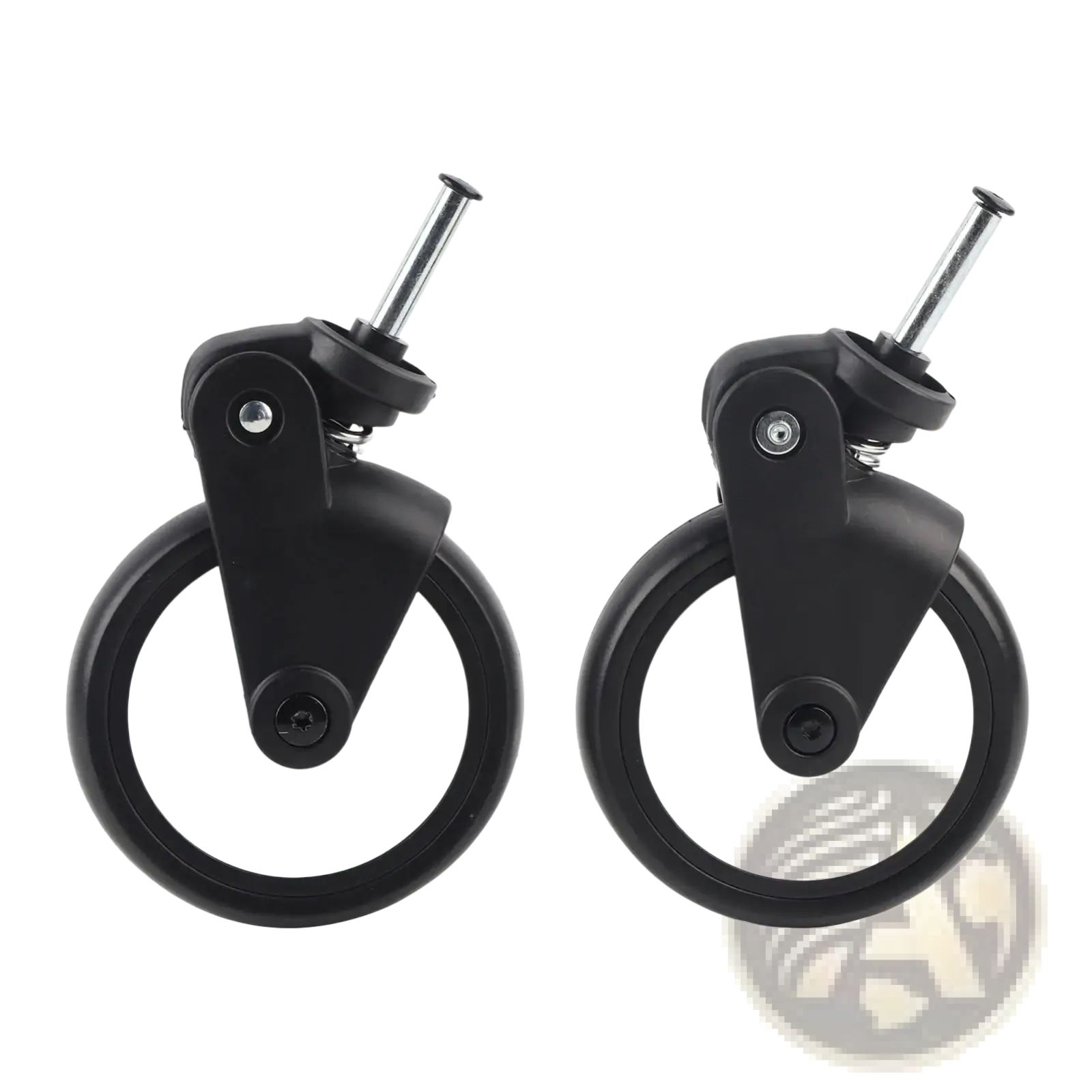 Replacement stroller wheels for yoyo and vovo black and white swivel caster wheels with sturdy metal axle shown from back side