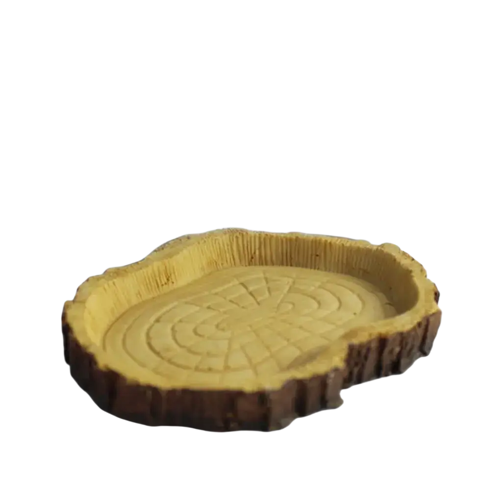 Rustic circular resin feeding bowl shaped like a tree slice with dark brown rim and yellow interior rings for reptiles