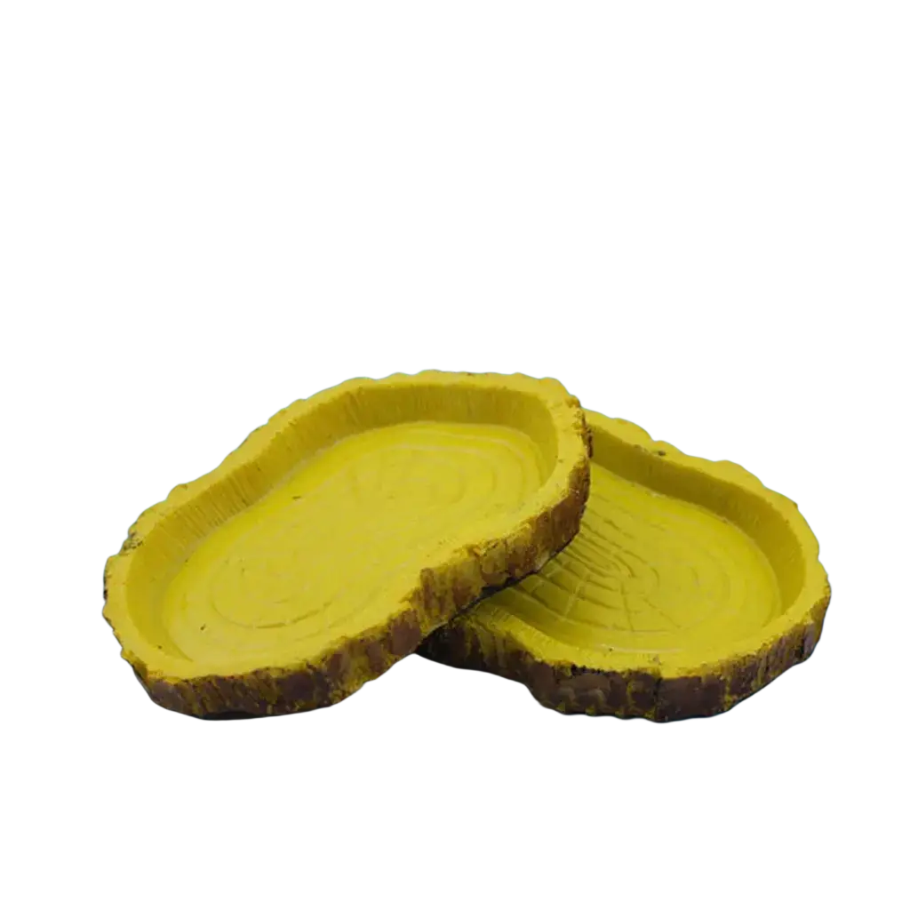 Yellow rustic resin feeding bowl shaped like tree bark slice for reptile food and water use