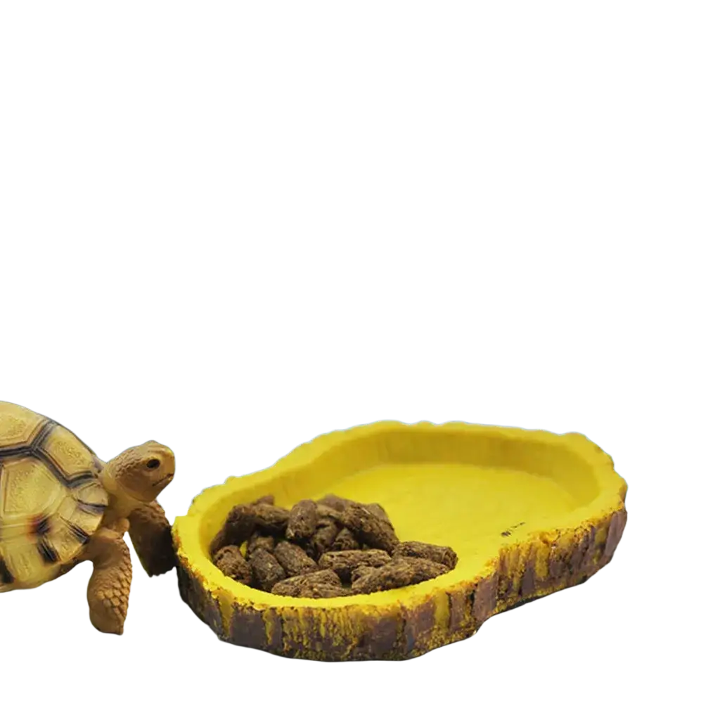 Yellow resin feeding bowl with textured bark-like edges filled with brown pellets for reptile use