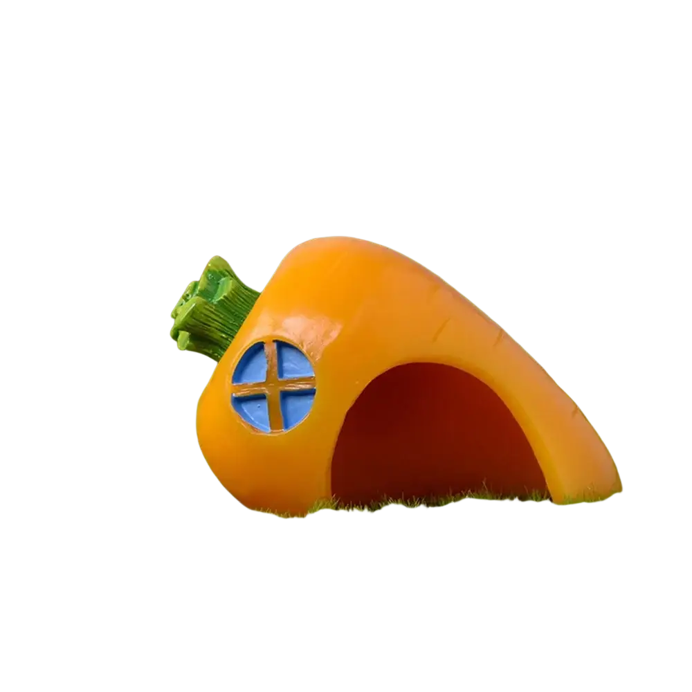 Resin bunny figurine easter garden decor featuring an orange carrot-shaped miniature house with green top and blue window