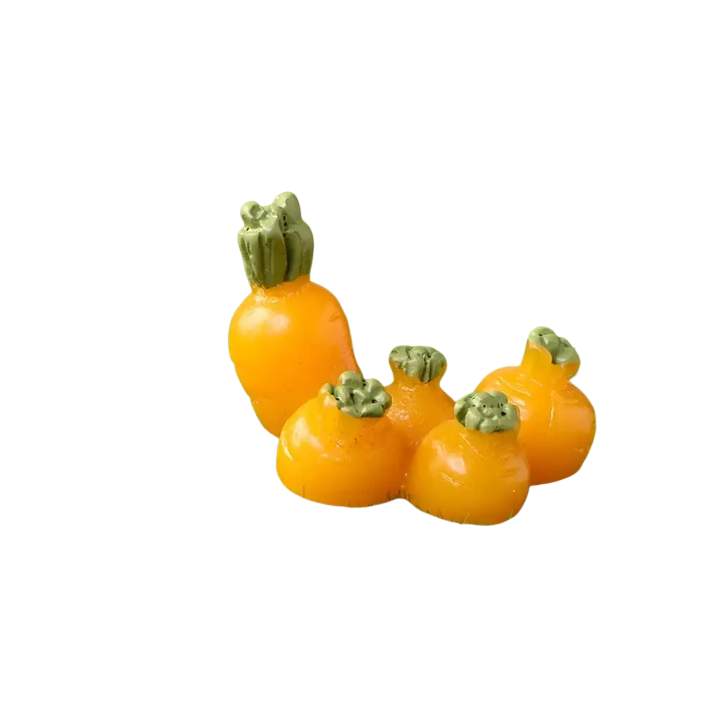 Resin bunny figurine featuring glossy orange miniature carrots with green tops for Easter garden and cake decor