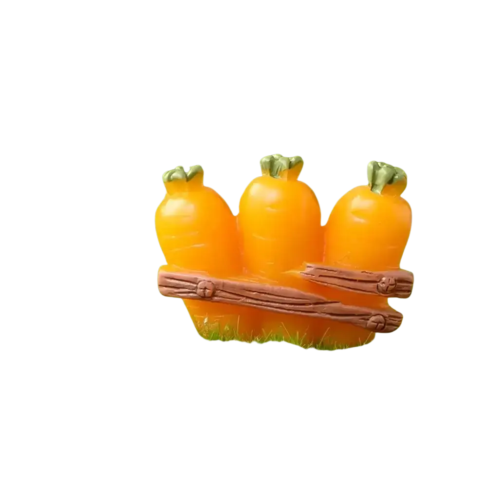 Resin bunny figurine orange plastic carrot with green tops on brown wooden fence base for easter garden decor