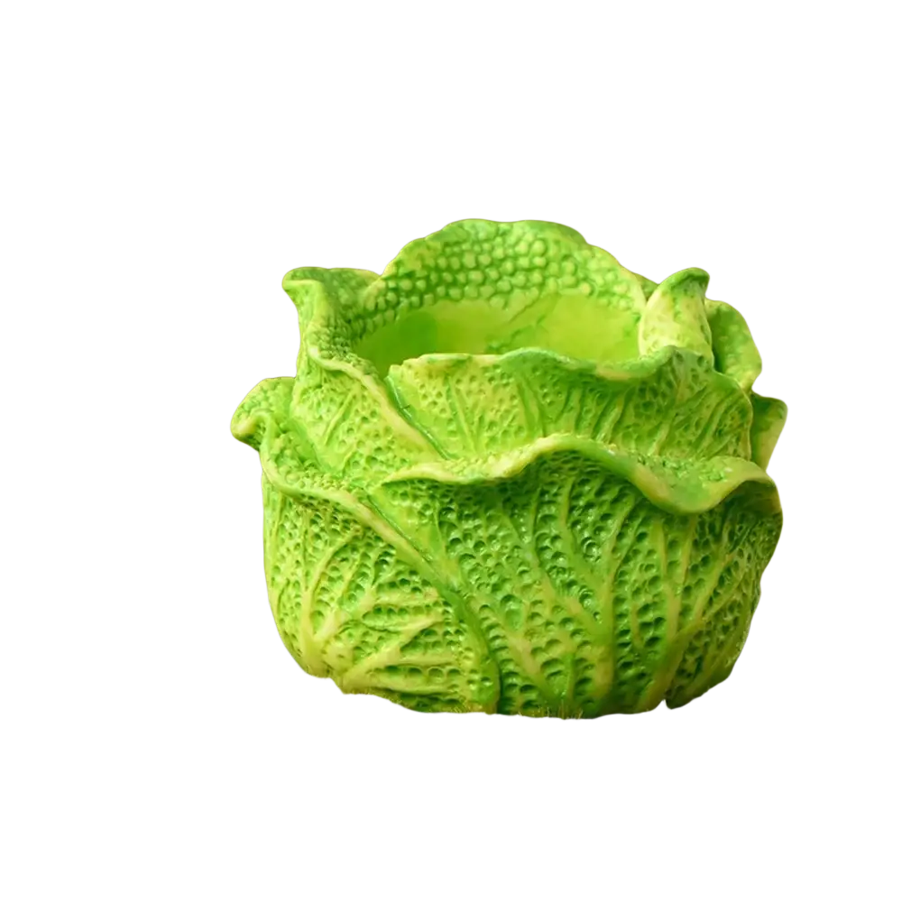 Vibrant green plastic cabbage-shaped planter with detailed leaf texture for resin bunny figurine easter garden decor