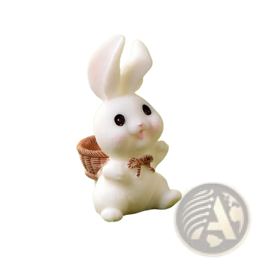 White resin bunny figurine with black eyes pink nose carrying small woven basket ideal for easter garden decor