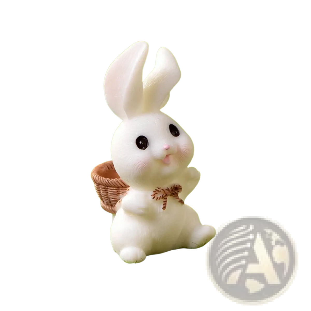 White resin bunny figurine with black eyes pink nose carrying small woven basket ideal for easter garden decor