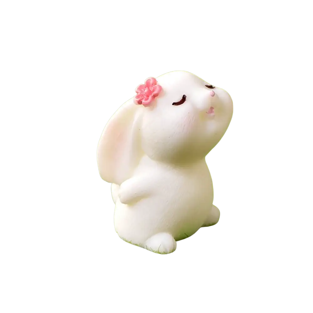 Resin bunny figurine white ceramic with closed eyes and pink flower standing upright for easter garden decor