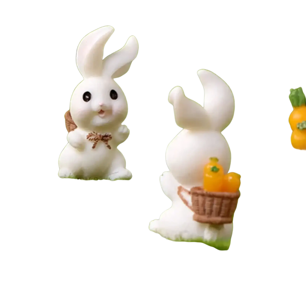 White ceramic resin bunny figurine with black eyes and brown bow ties for easter garden and cake decor
