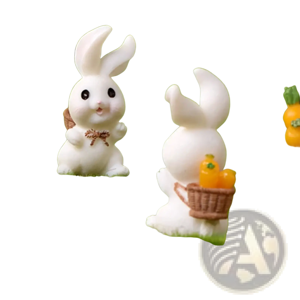 White ceramic resin bunny figurine with black eyes and brown bow tie for easter garden and cake decor