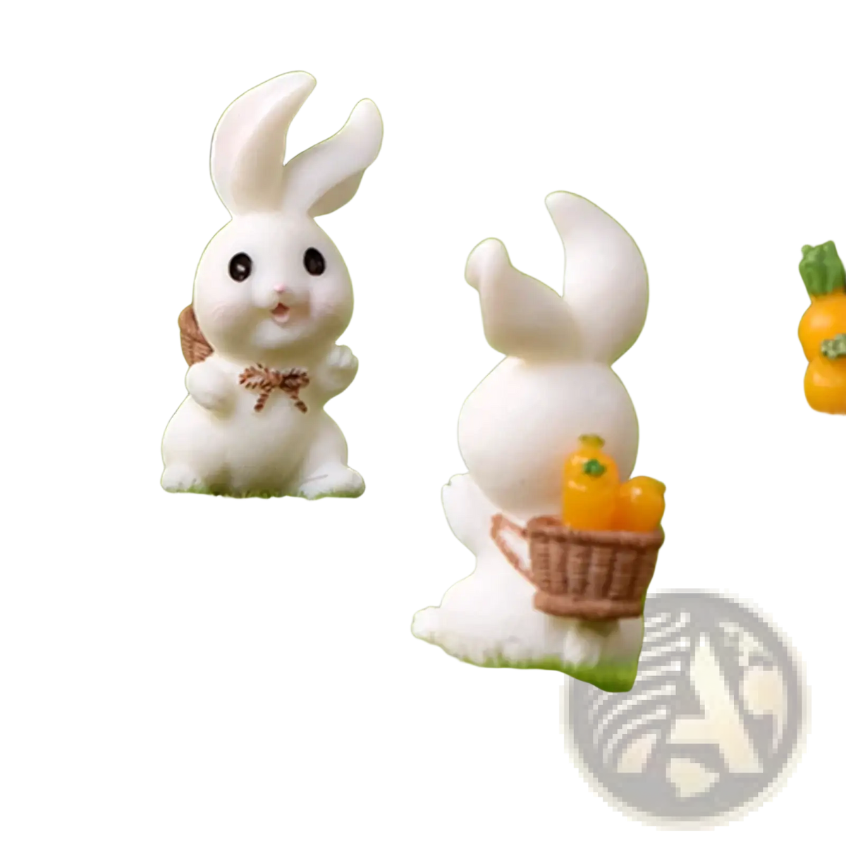 White ceramic resin bunny figurine with black eyes and brown bow tie for easter garden and cake decor
