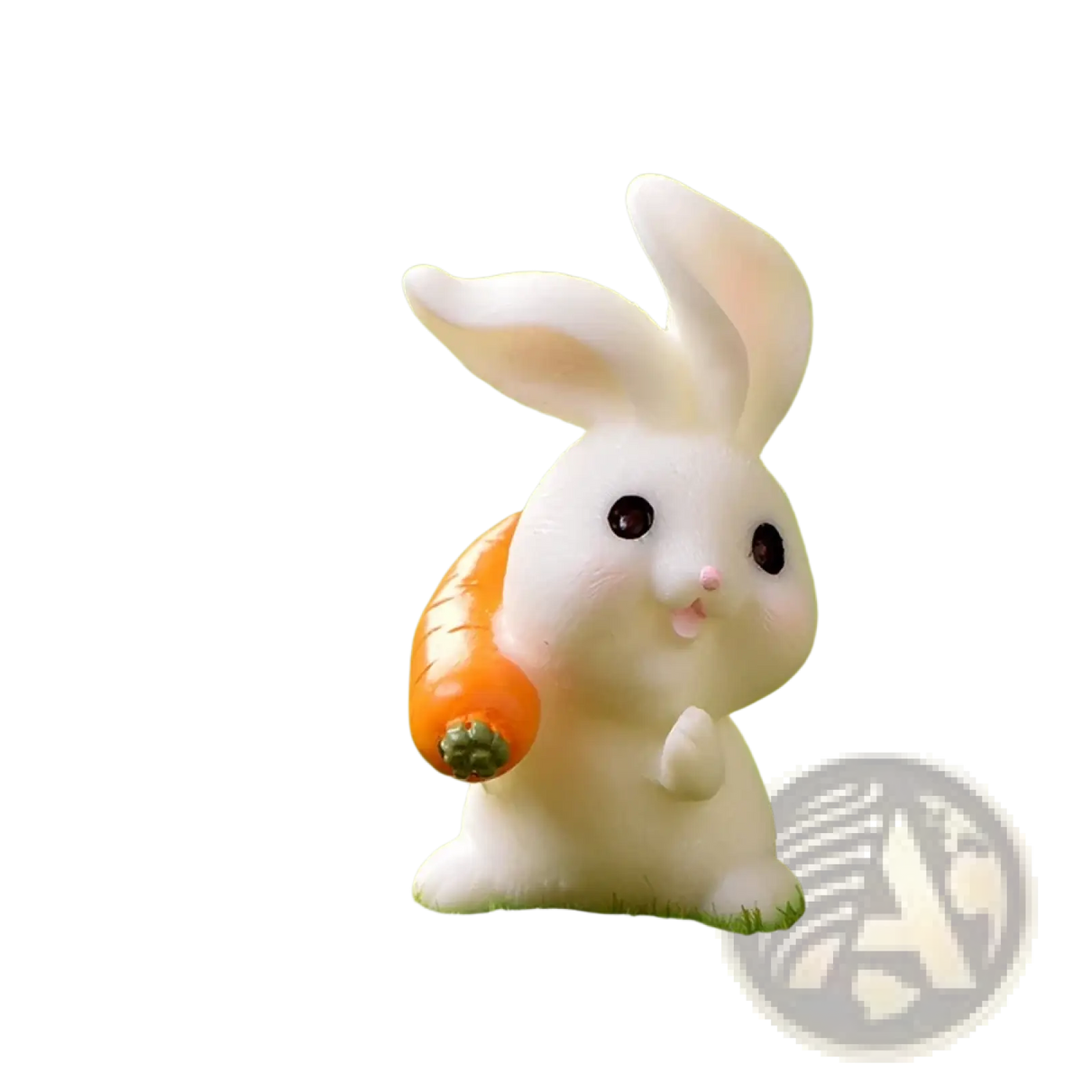 White ceramic resin bunny figurine holding an orange carrot for easter garden and cake decor