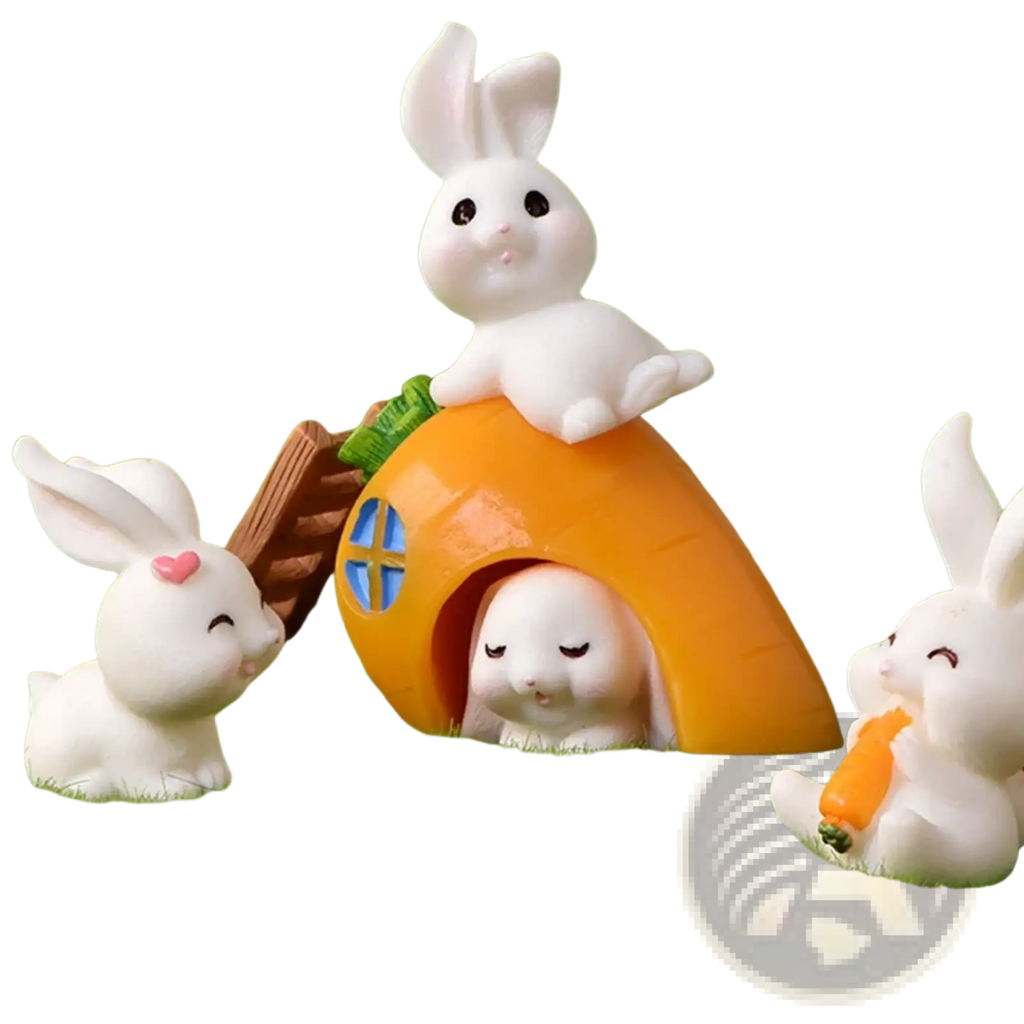 White plastic resin bunny figurine sitting atop orange carrot-shaped house with blue window panes for easter decor
