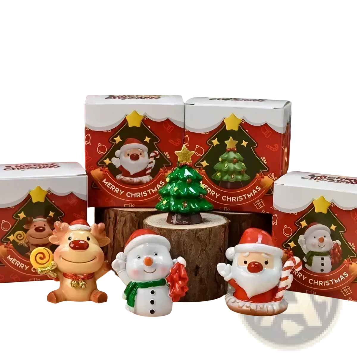 A glossy ceramic resin christmas animal figurine featuring a reindeer holding a lollipop, snowman, and santa claus decor