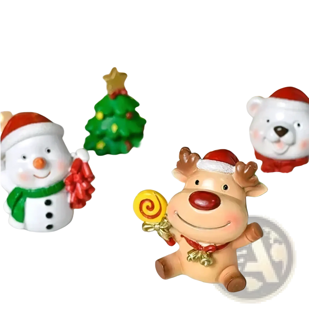 Resin christmas animal figurine of a cheerful tan reindeer wearing a red santa hat holding a yellow swirl lollipop