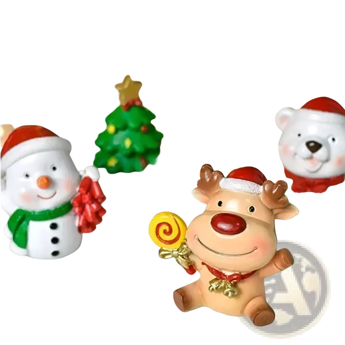 Resin christmas animal figurine of a cheerful tan reindeer wearing a red santa hat holding a yellow swirl lollipop