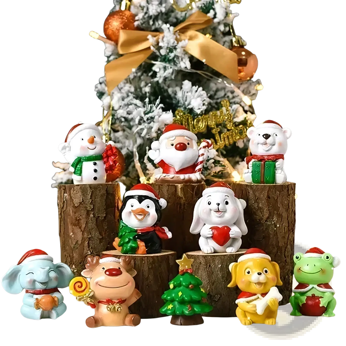 A collection of colorful glossy resin christmas animal figurines featuring santa penguins and festive attire for desktop decor