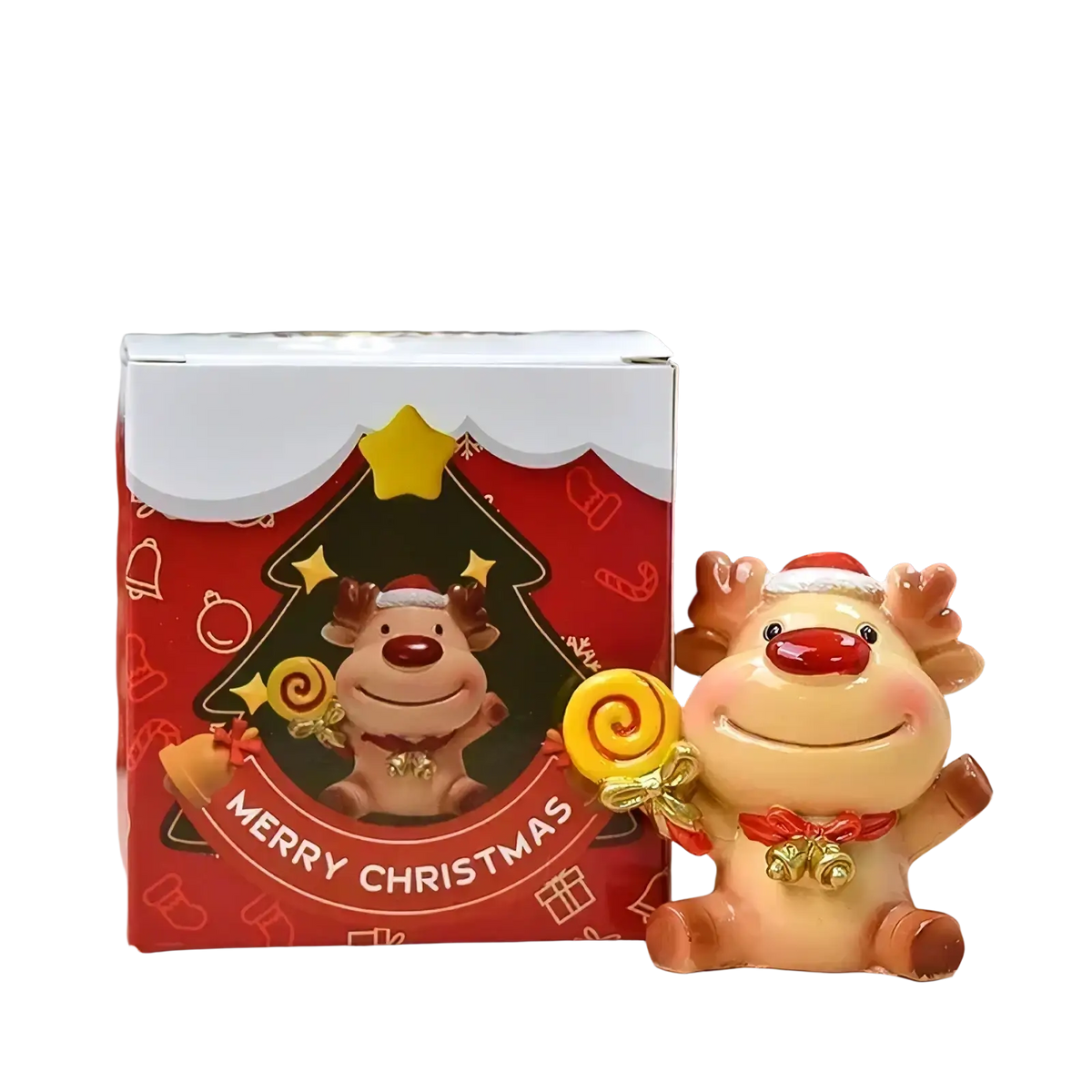 Beige ceramic resin Christmas reindeer figurine wearing red santa hat holding yellow lollipop for holiday decor