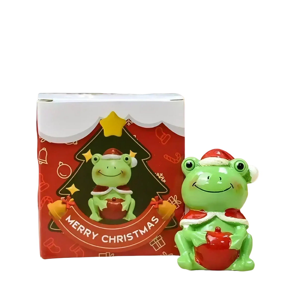 Green plastic resin christmas frog figurine wearing red santa hat holding red apple holiday desktop decor