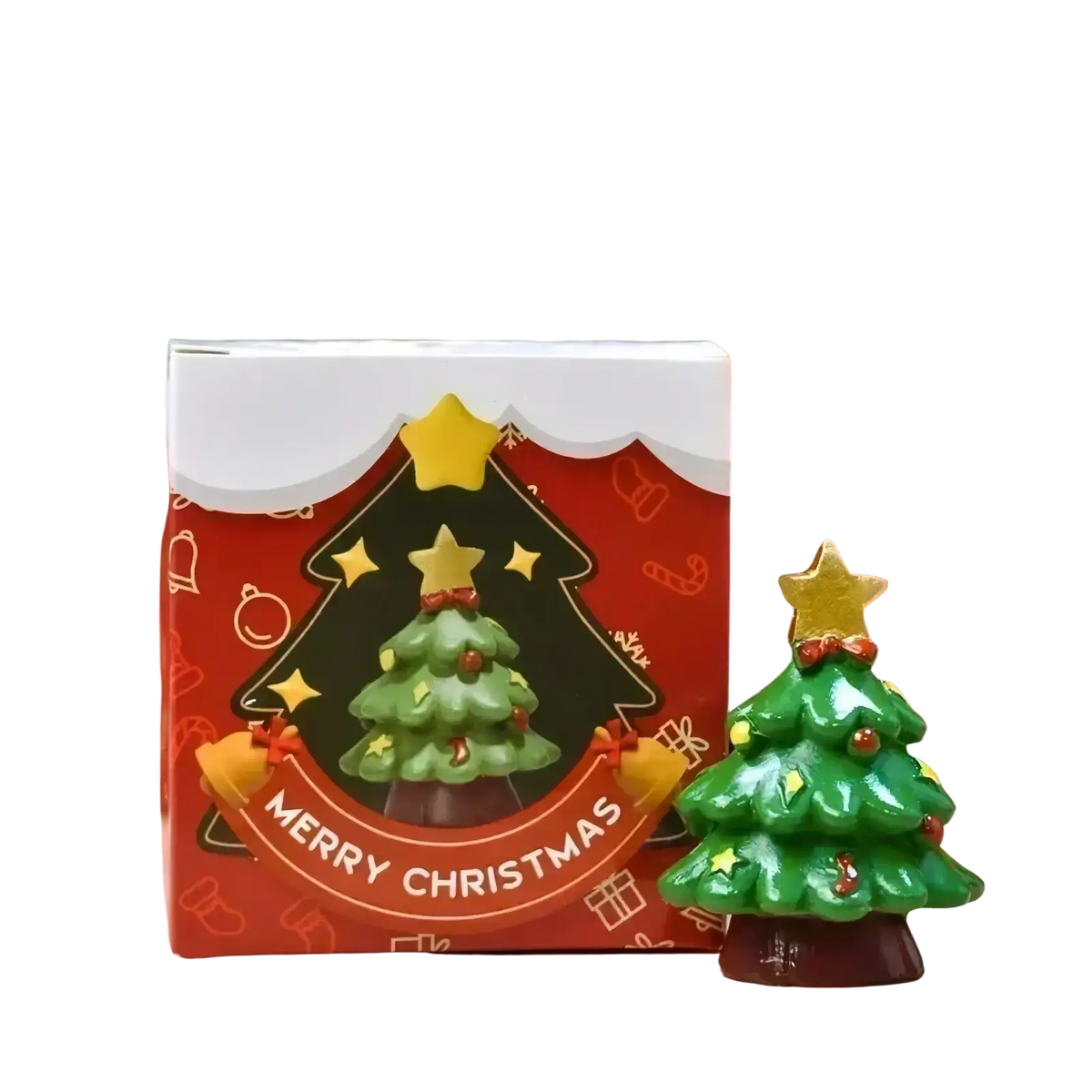 Resin green christmas tree figurine with gold star red ornaments and brown base for holiday desktop decor