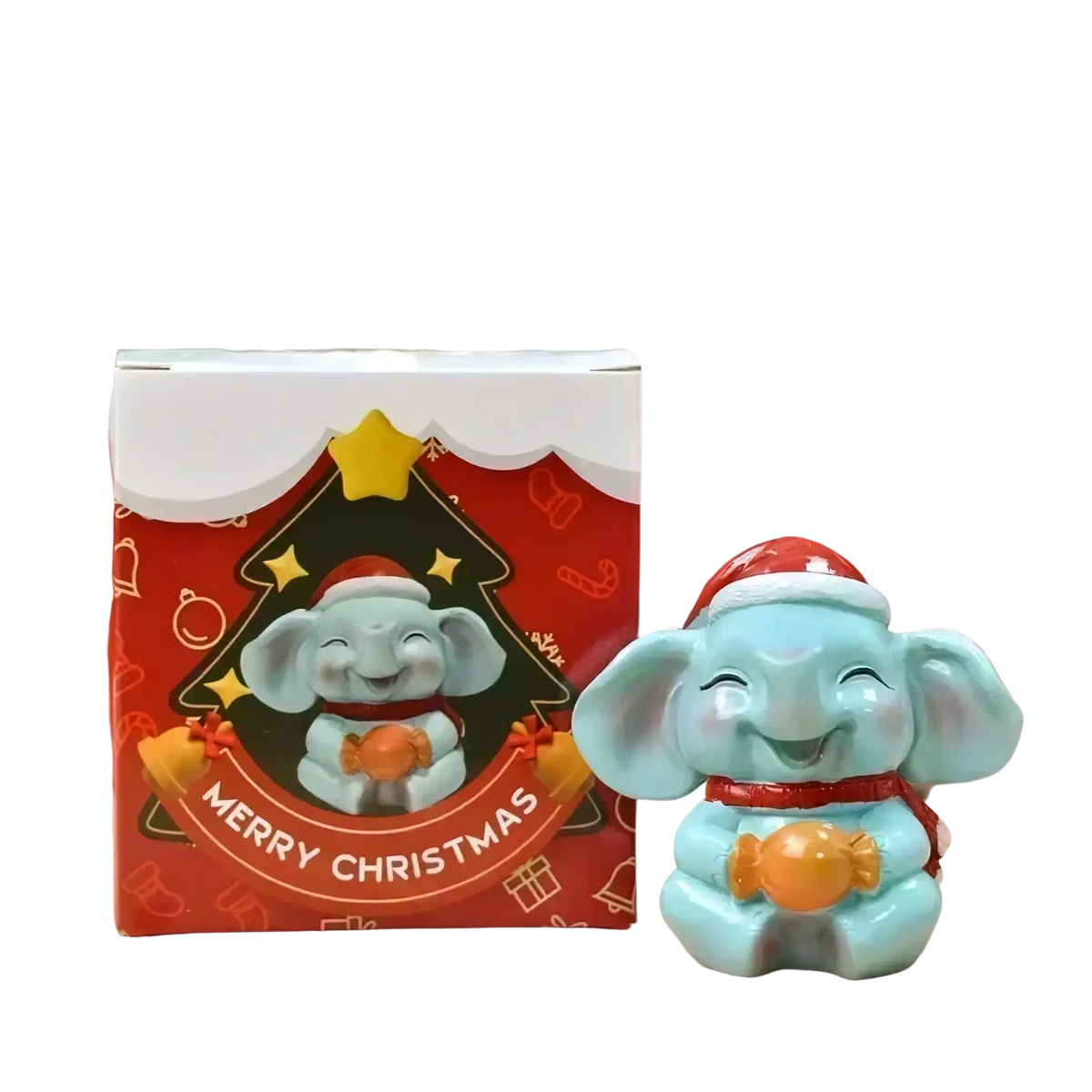 A light blue resin Christmas animal figurine elephant wearing a red santa hat holding an orange candy with festive packaging