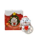Resin christmas animal figurine of white ceramic bunny wearing red santa hat holding red heart for holiday decor