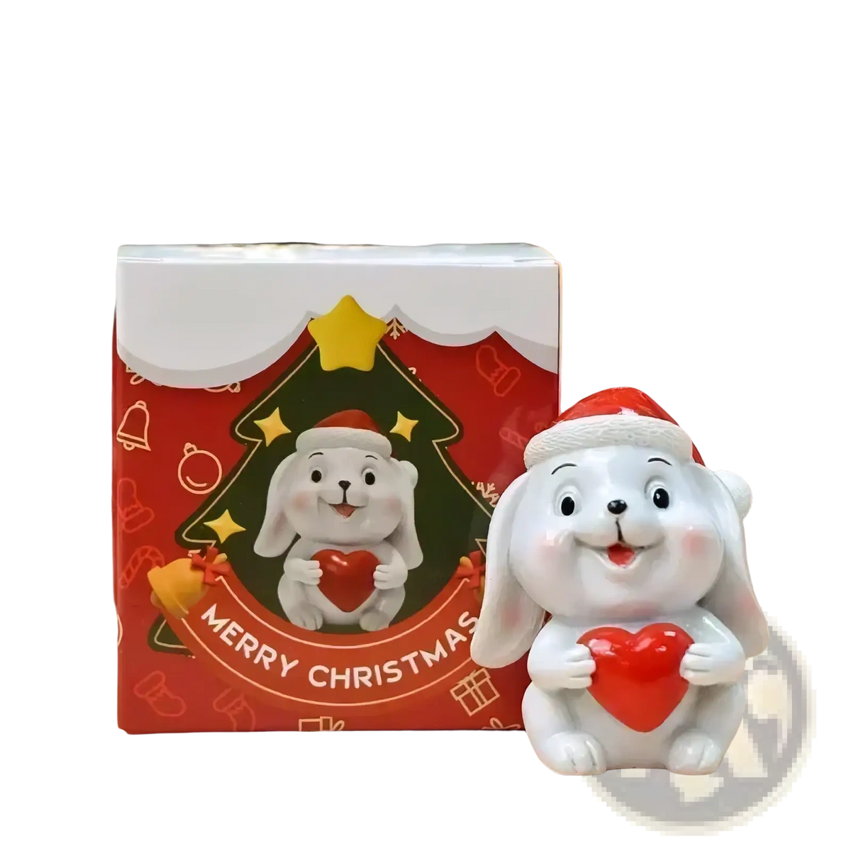 Resin christmas animal figurine of white ceramic bunny wearing red santa hat holding red heart for holiday decor