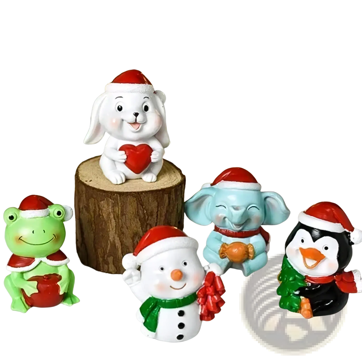 White ceramic resin christmas animal figurine of a smiling bunny wearing a red santa hat holding a red heart