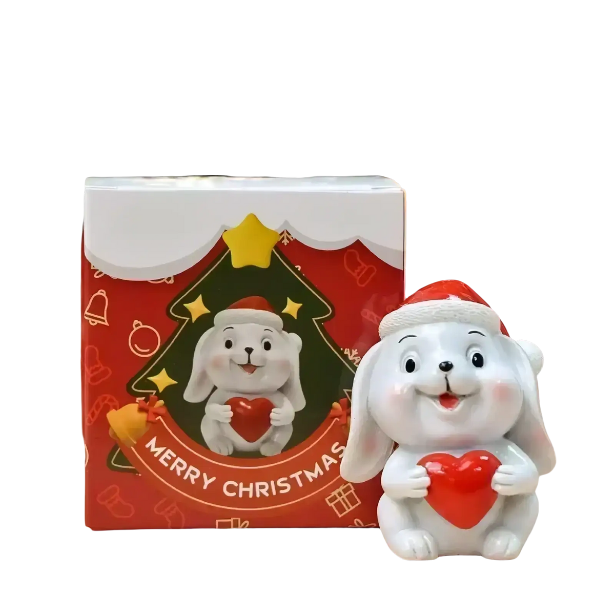 White ceramic christmas bunny figurine wearing red santa hat holding red heart holiday desktop decor resin animal