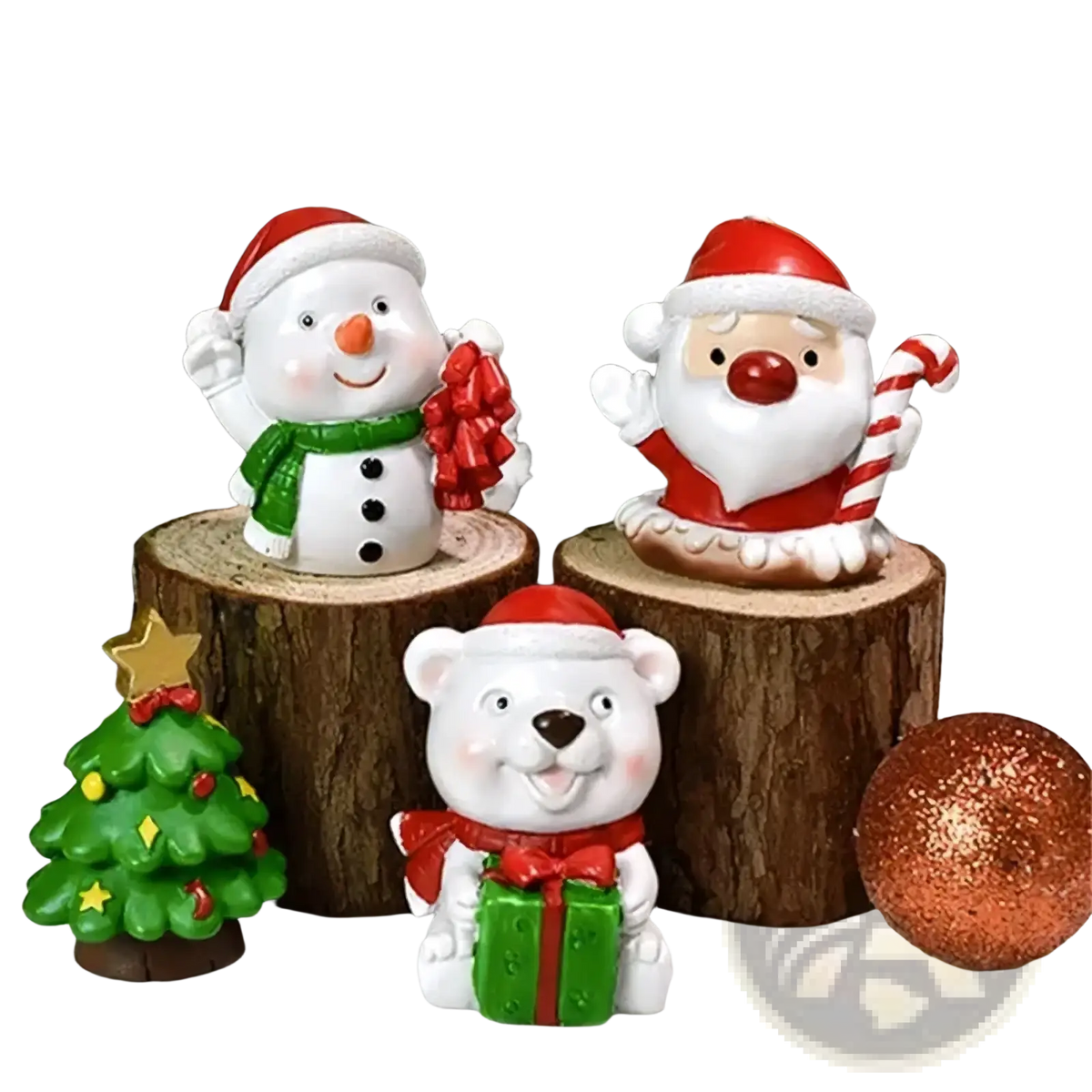 White plastic resin christmas figurines of a snowman santa claus and bear holding gifts for holiday desktop decor