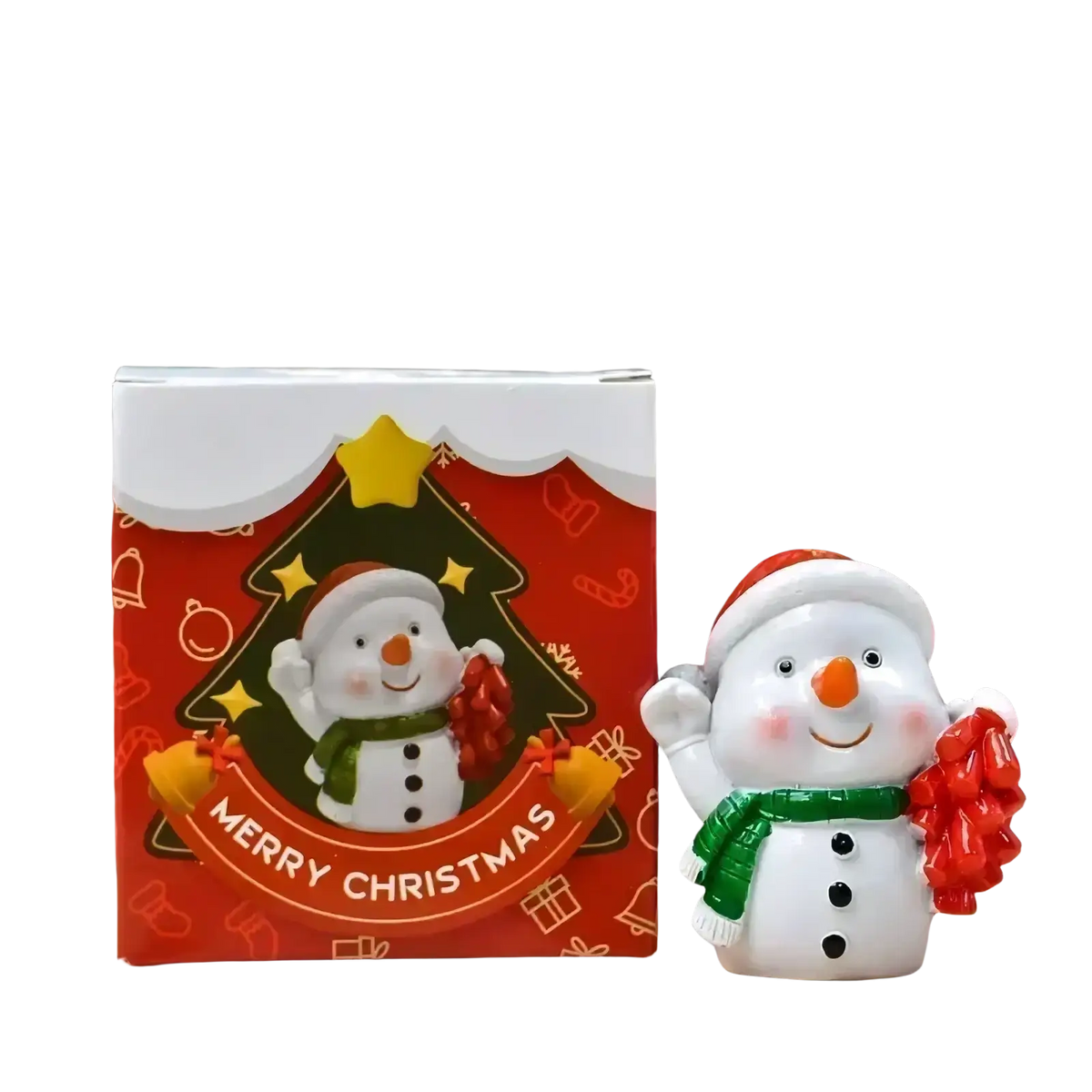 White plastic resin snowman figurine with red hat green scarf and orange nose for holiday desktop decor