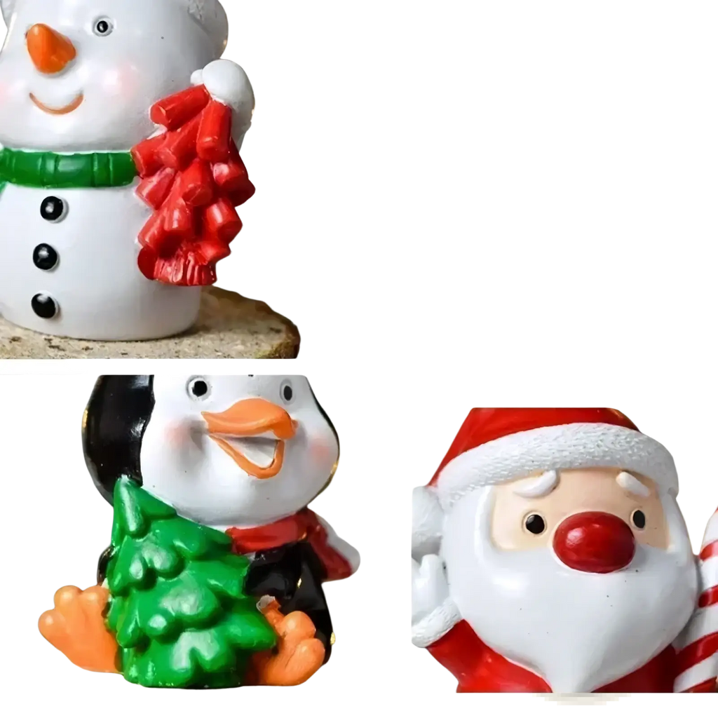 Resin Christmas animal figurine featuring a white snowman with a green scarf and red firecrackers for desktop decor