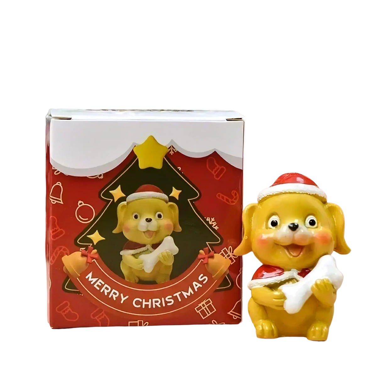 Resin christmas animal figurine of yellow plastic dog wearing red santa hat holding white bone for holiday decor